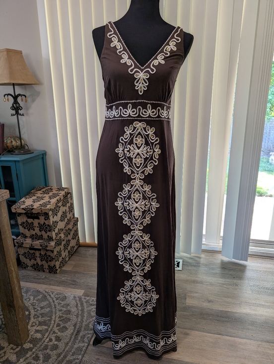 INC International Concepts Dresses & Skirts - INC Chocolate Brown Maxi Dress with White Stitch and Gold Jewel Details